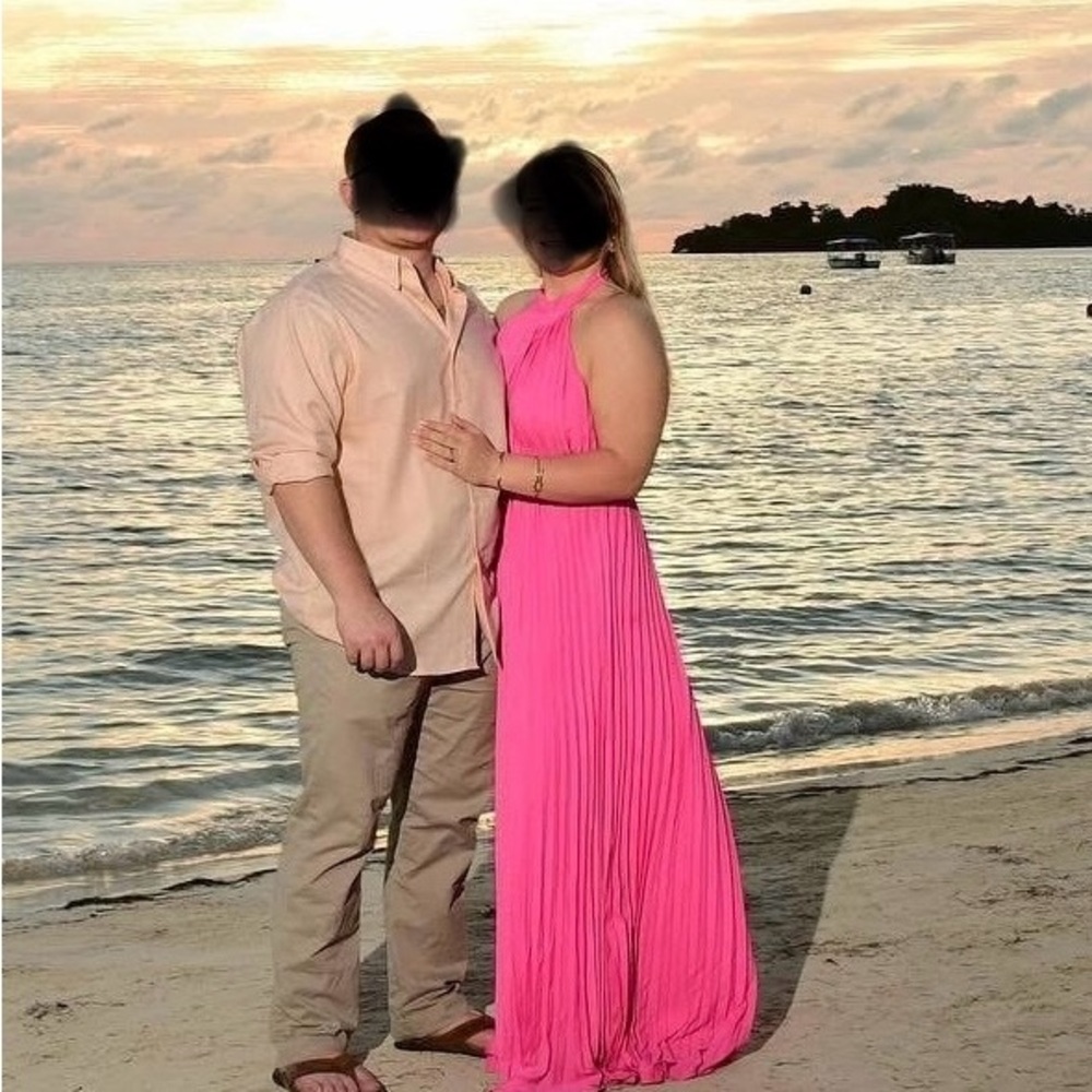 Pink Lily fuschia pink maxi dress. Backless halter style with pleated skirt. EUC